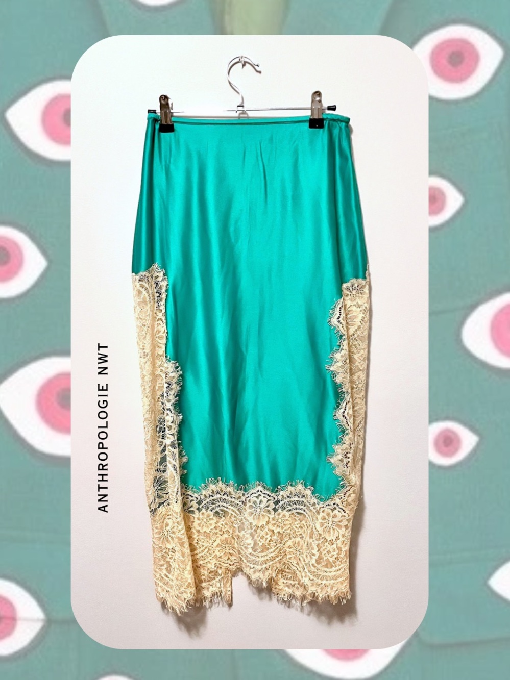 NWT🎉 Anthropologie Teal Satin Midi Skirt with Cream Lace Hem - Picture 4 of 16